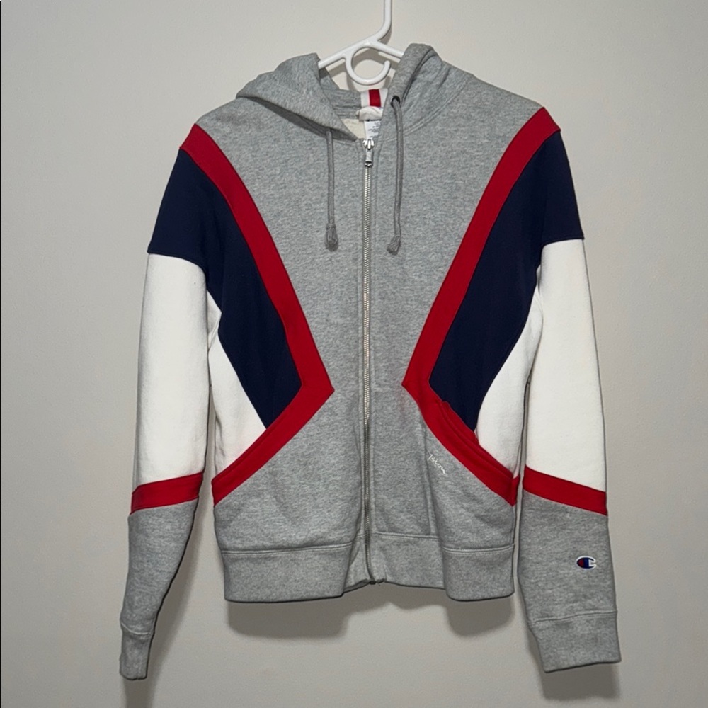 Champion Gray Zip Up Hoodie with Red and Blue Accents